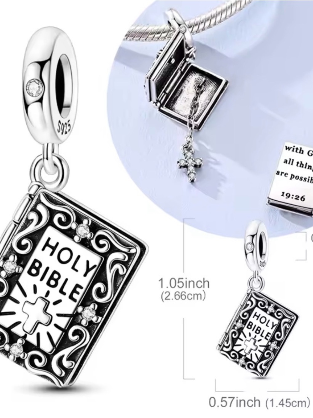 Holy Bible Book Charm Necklace Pendant - Silver